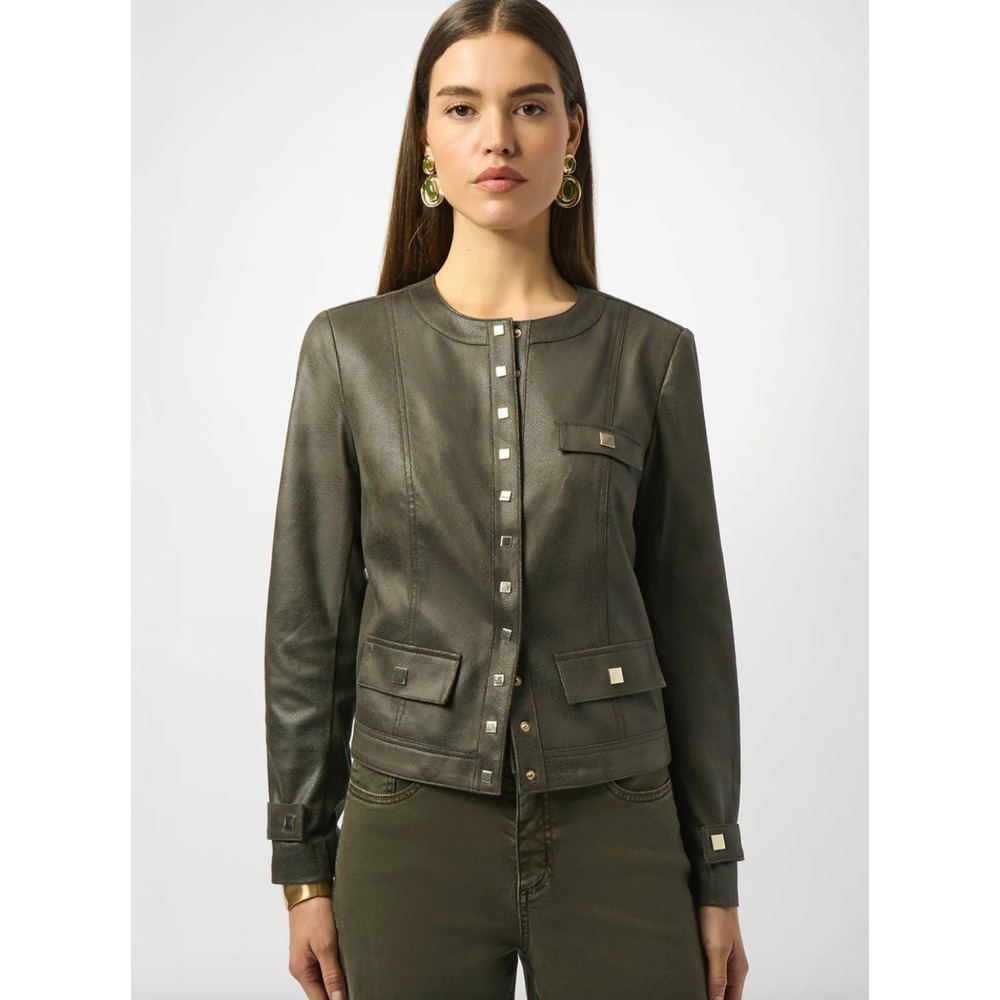 NWT Joseph Ribkoff Foiled Faux Leather‎ Jacket Avocado Grey Green XS